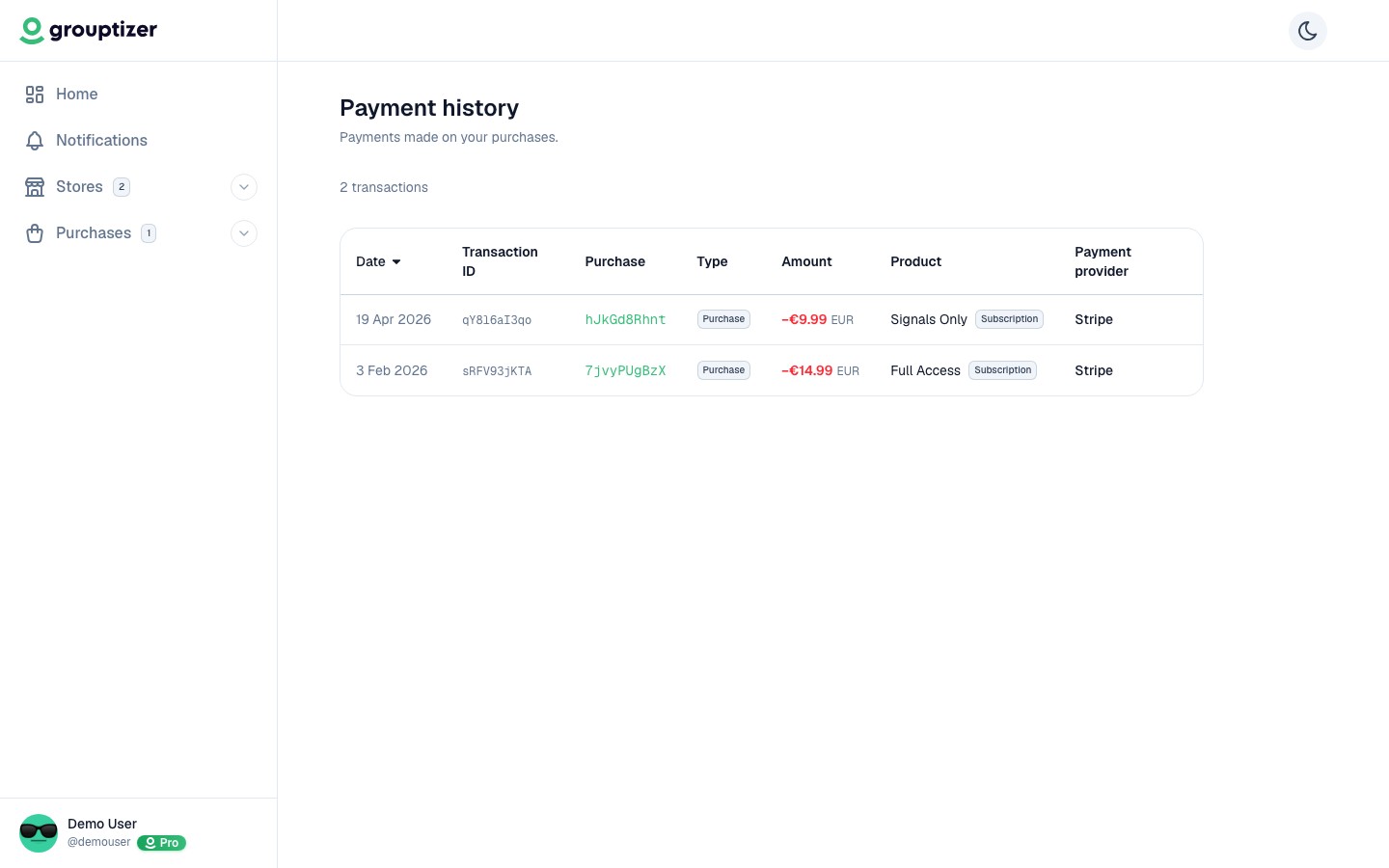 Transactions screen