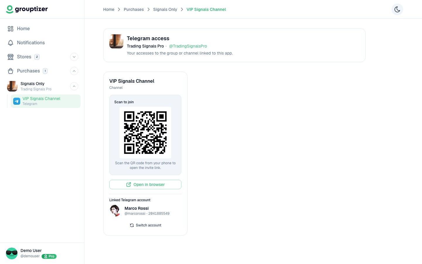 Telegram access page
