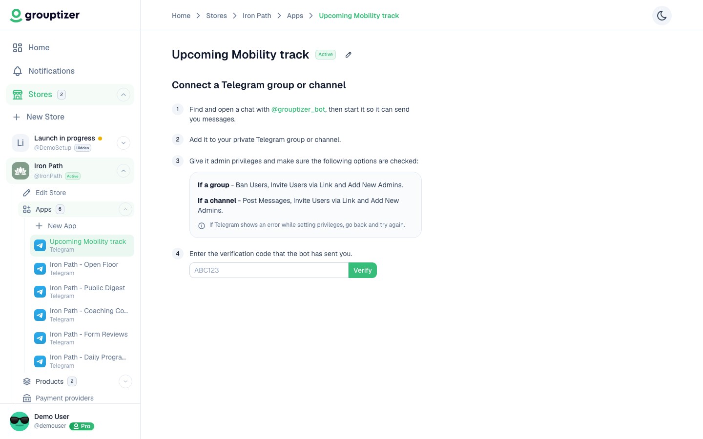 Integration setup screen