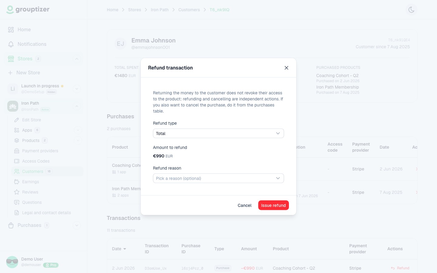 Customer detail transactions table with the Refund action and modal