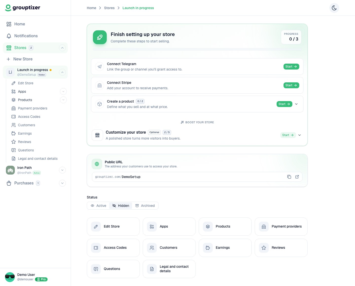 Newly created store overview