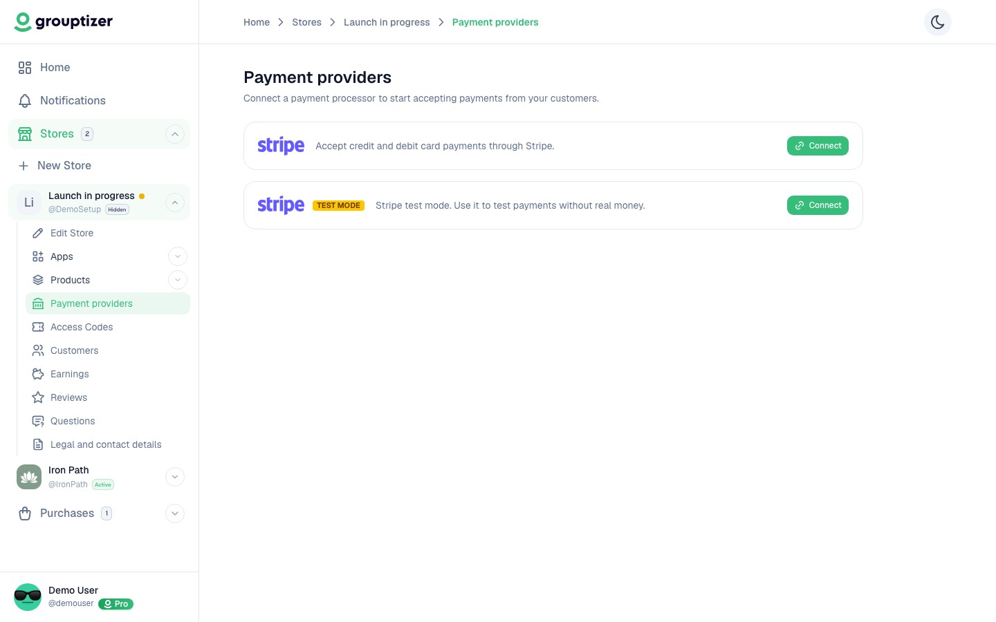 Payment providers screen — not connected