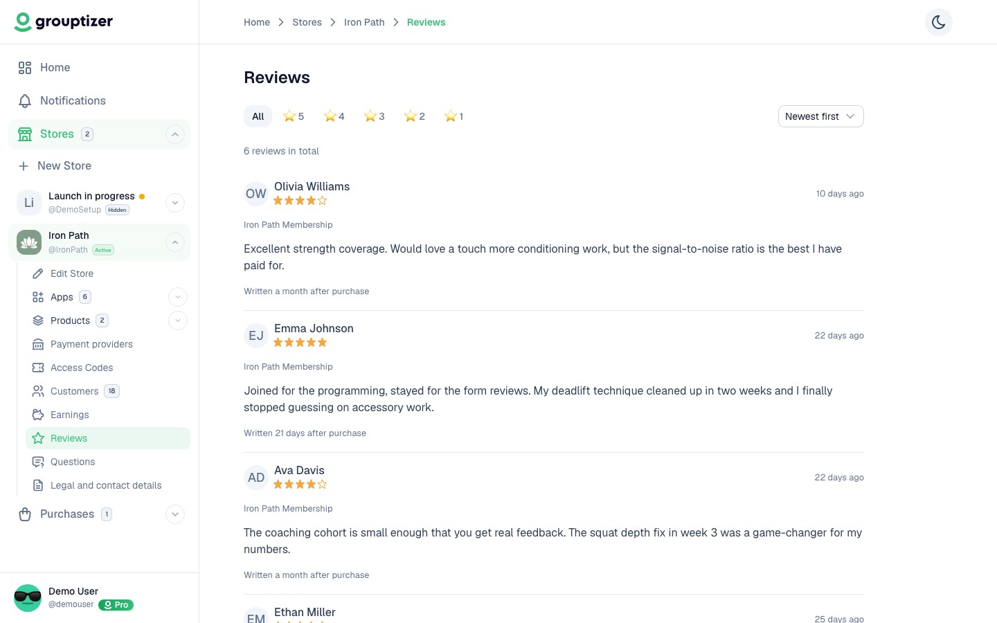 Reviews screen