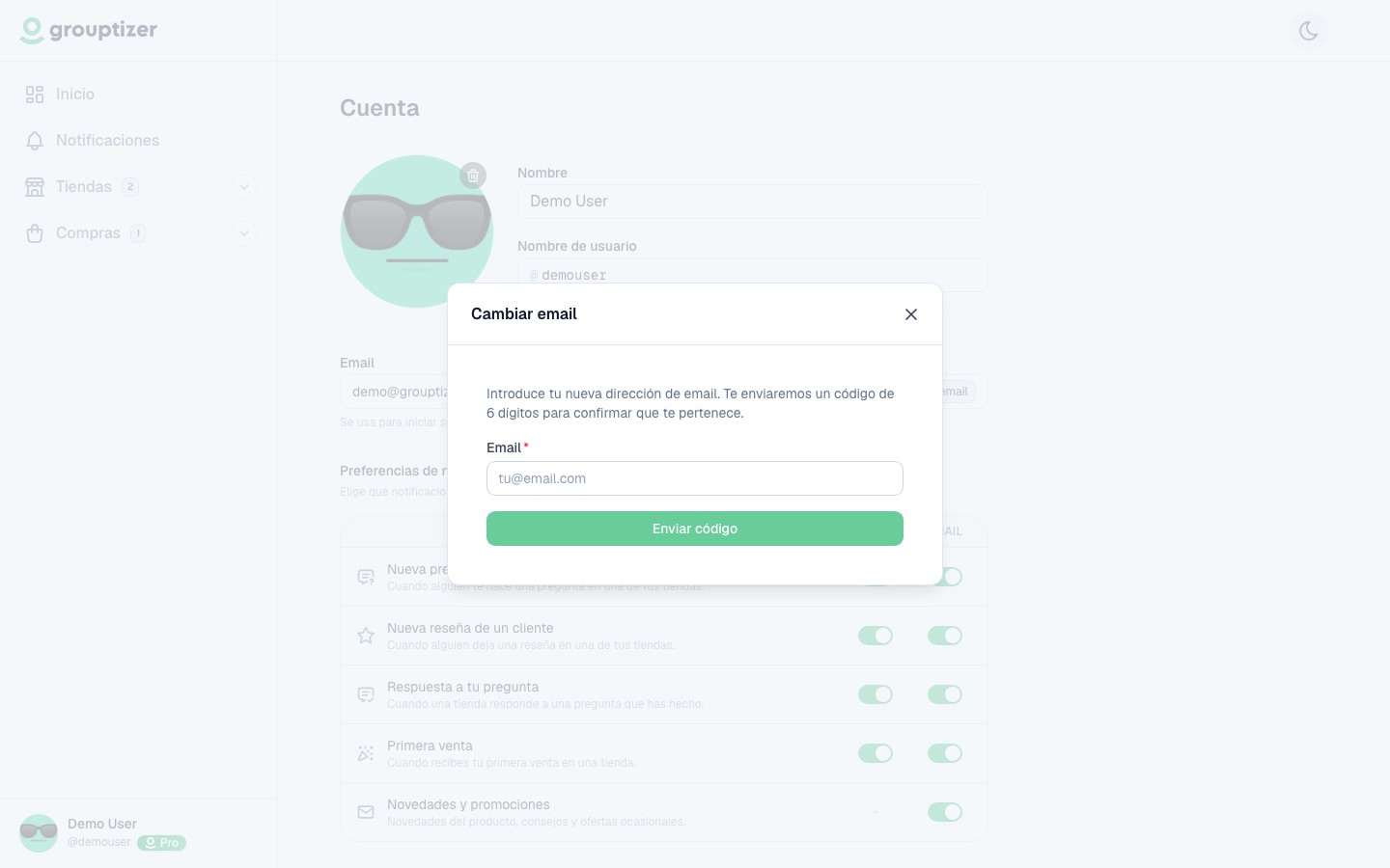 Modal de cambio de email