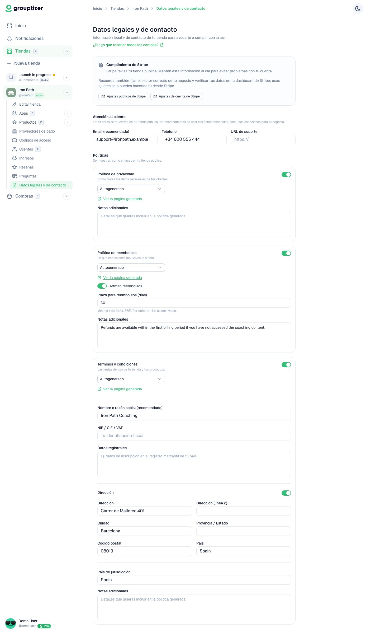 Pantalla de datos legales y de contacto