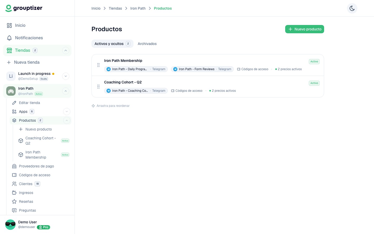 Listado de productos con reordenado